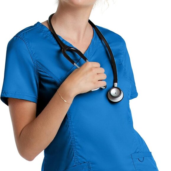 Women's Stretch Scrub Top Mock Wrap V-Neck 3 Pockets Medical Work Wear - Picture 1 of 6